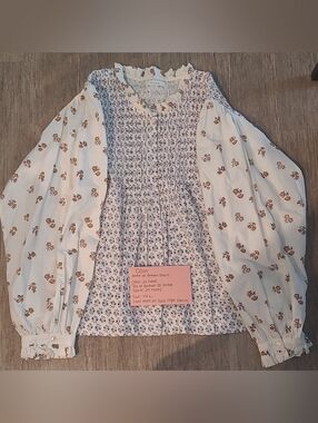 Doen Cream Blouse with Blue Smocked Front and Orange Floral Print